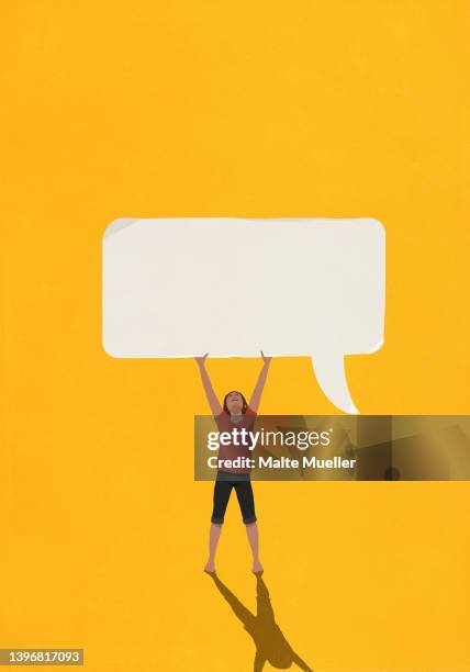 woman holding speech bubble overhead - effort stock-grafiken, -clipart, -cartoons und -symbole