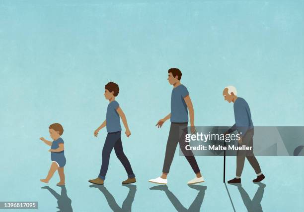 multigenerational males in blue walking in a row - the ageing process 幅插畫檔、美工圖案、卡通及圖標