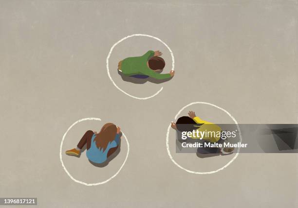 stockillustraties, clipart, cartoons en iconen met kids drawing circles around themselves with sidewalk chalk - eenzaamheid
