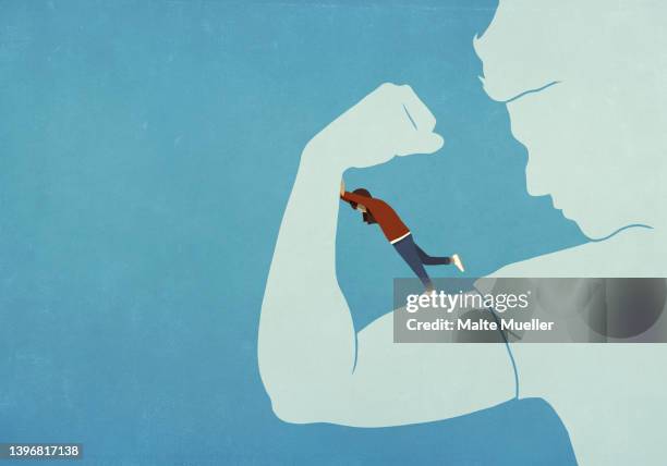 bildbanksillustrationer, clip art samt tecknat material och ikoner med woman resisting flexing biceps of man - jämställdhet