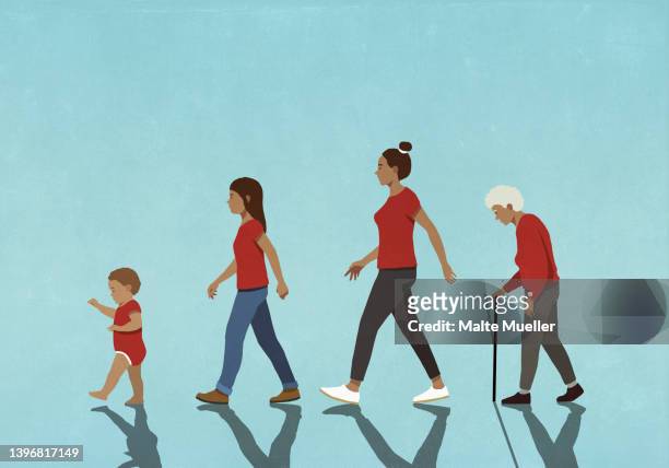 bildbanksillustrationer, clip art samt tecknat material och ikoner med multigenerational females in red walking in a row - geriatrik