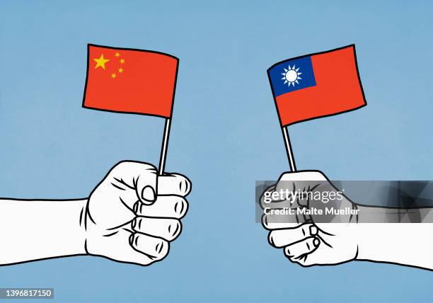 hands holding flags of china and taiwan - taiwan flag stock illustrations