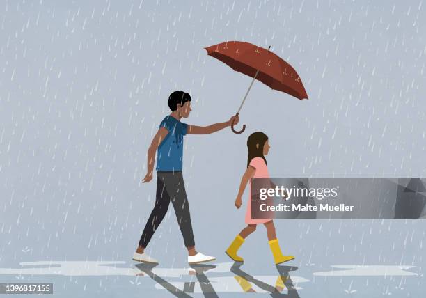 father holding umbrella over daughter walking in rain - family cover stock illustrations