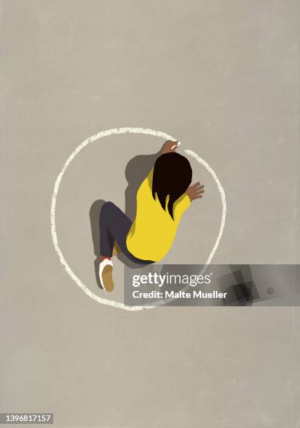girl drawing circle around herself with sidewalk chalk - loneliness illustration stock illustrations