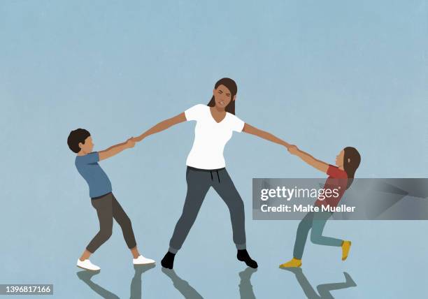 ilustraciones, imágenes clip art, dibujos animados e iconos de stock de daughter and son pulling arms of frustrated, overwhelmed mother - miembro humano