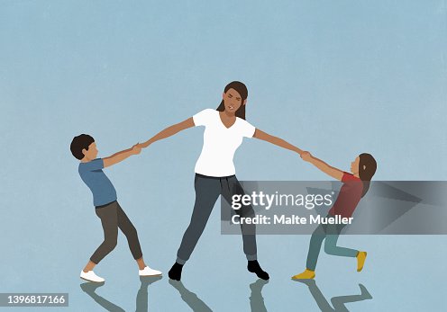 Daughter and son pulling arms of frustrated, overwhelmed mother Daughter and son pulling arms of frustrated, overwhelmed mother