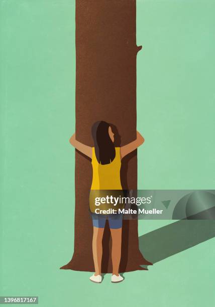 environmentalist woman hugging tree trunk - embracing nature stock illustrations