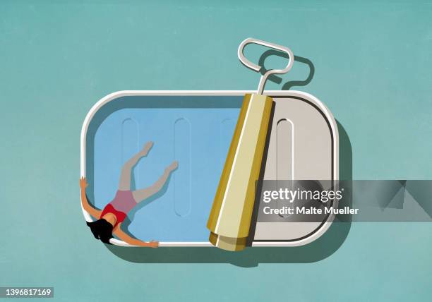 view from above woman soaking in sardine tin - sardine can stock illustrations