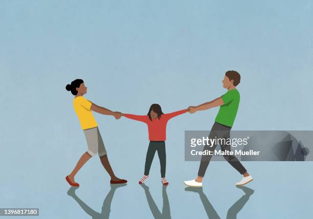 divorcing father and mother pulling arms of daughter - family stock illustrations