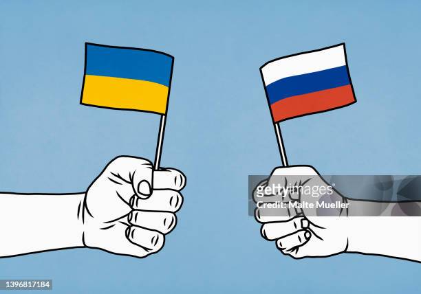 fists clenching flags of ukraine and russia - ukraine war stock illustrations