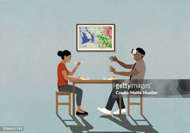 wife eating dinner with husband in vr headset at dining table - virtual lunch stock illustrations