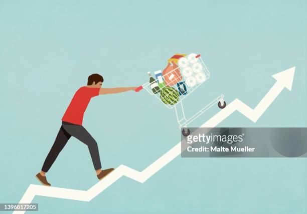 ilustraciones, imágenes clip art, dibujos animados e iconos de stock de man pushing shopping cart of groceries up line chart arrow - economía