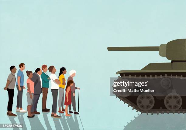 ilustrações, clipart, desenhos animados e ícones de community face to face with military tank - ativista