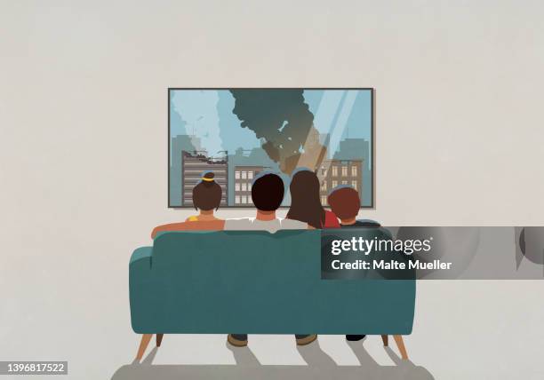 stockillustraties, clipart, cartoons en iconen met family watching war bombing destruction on television news in living room at home - televisie kijken