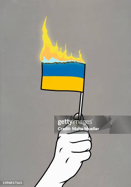 hand holding burning flag of ukraine - war in ukraine stock illustrations