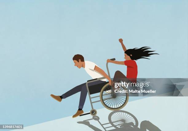 father and daughter in wheelchair speeding downhill - physical impairment stock illustrations