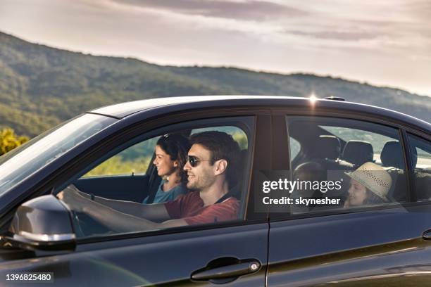 happy family going on a vacation by car. - family inside car bildbanksfoton och bilder