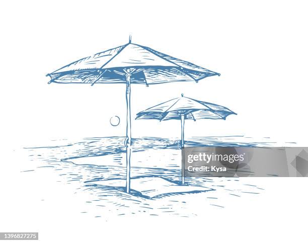 umbrellas on the beach sketch - beach umbrella stock illustrations