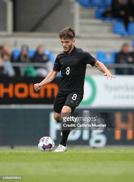 Lukas Laupheimer of Germany runs with the ball during the international friendly match between Denmark U19 and Germany U19 at DS Arena on May 11,...