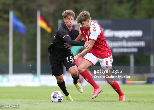 Ben Klefisch of Germany and Christian Gammelgaard of Denmark battle for the ball during the international friendly match between Denmark U19 and...