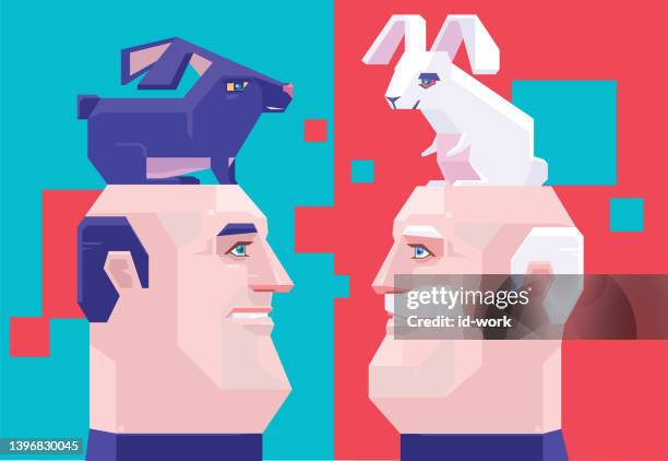 balding men meeting with rabbits - beautiful hair at home stock illustrations