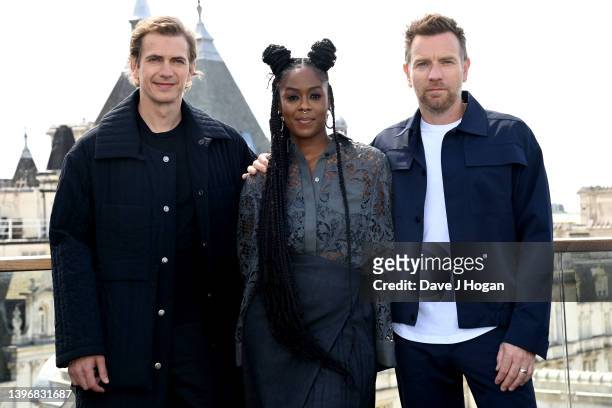 Hayden Christensen, Moses Ingram and Ewan McGregor attend the "Obi-Wan Kenobi" photocall at Corinthia Hotel London on May 12, 2022 in London, England.