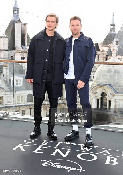 Hayden Christensen and Ewan McGregor attend the "Obi-Wan Kenobi" photocall at the Corinthia Hotel London on May 12, 2022 in London, England.