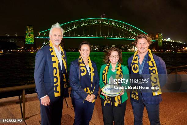 Rugby Australia President David Codey, Shannon Parry, President of Australian Women's Rugby Josephine Sukkar and Michael Hooper pose for a photo in...