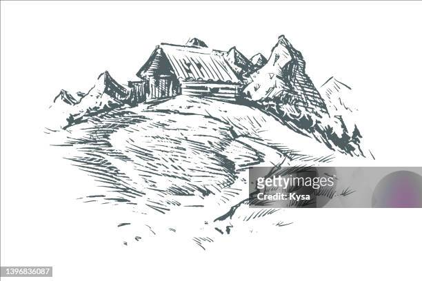 stockillustraties, clipart, cartoons en iconen met old mountain cabin drawing - blokhut