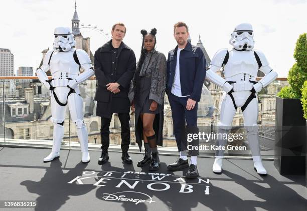 Hayden Christensen, Moses Ingram and Ewan McGregor attend the "Obi-Wan Kenobi" photocall at the Corinthia Hotel London on May 12, 2022 in London,...