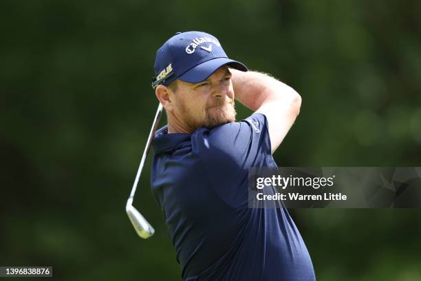 David Drysdale of Scotland plays his second shot on the 17th hole during Day One of the Soudal Open at Rinkven International Golf Club on May 12,...