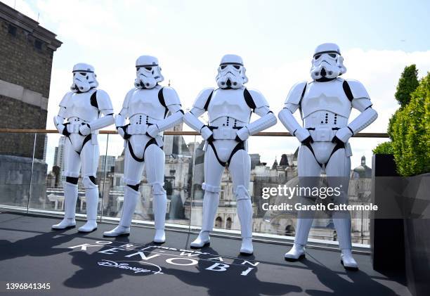 Stormtroopers at the photocall for the new Disney+ limited series "Obi Wan Kenobi" at the Corinthia Hotel on May 12, 2022 in London, England. Obi-Wan...