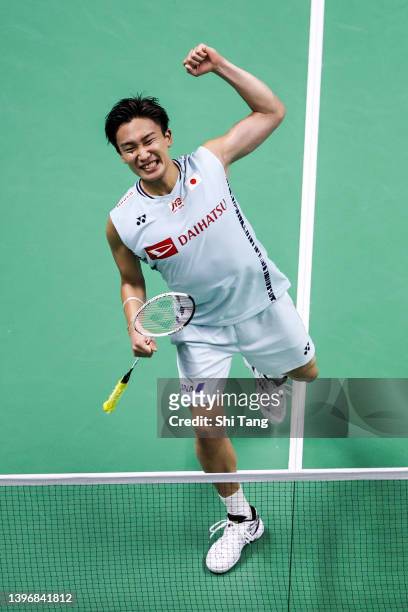 Kento Momota of Japan celebrates the victory in the Men's Single match against Chou Tien Chen of Chinese Taipei during day five of the BWF Thomas and...