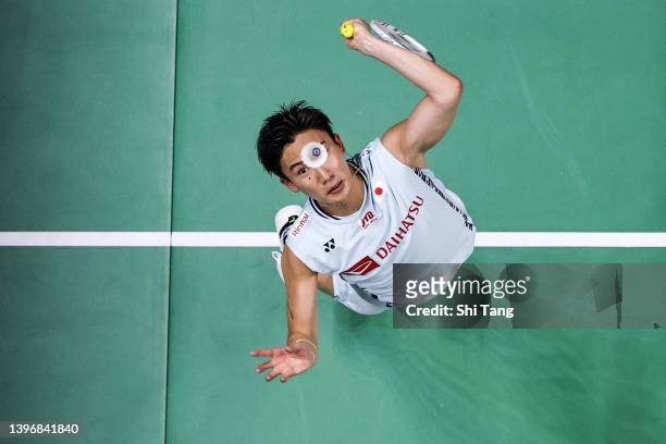Kento Momota of Japan competes in the Men's Single match against Chou Tien Chen of Chinese Taipei during day five of the BWF Thomas and Uber Cup...