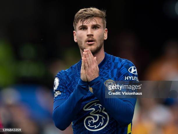 Timo Werner of Chelsea during the Premier League match between Chelsea and Wolverhampton Wanderers at Stamford Bridge on May 7, 2022 in London,...