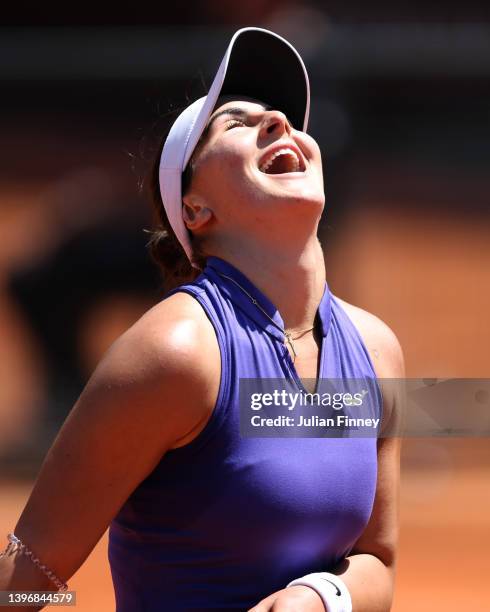 Bianca Andreescu of Canada reacts during the Women's Singles Round 3 match against Petra Martic of Croatia on day five of Internazionali BNL D'Italia...