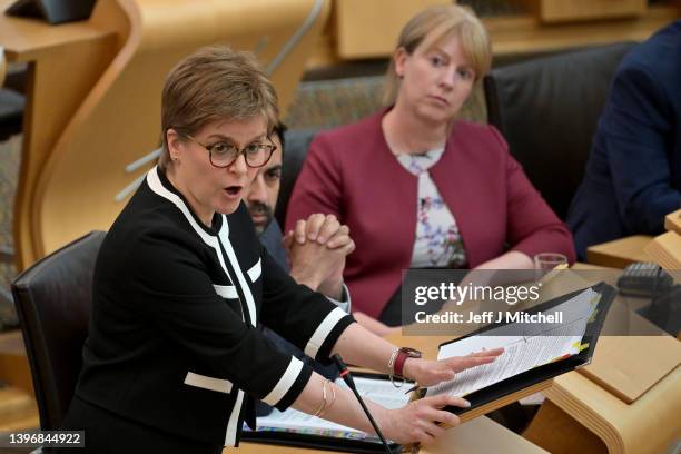 Scotland's First Minister Nicola Sturgeon attends First Minster's Questions at the Scottish Parliament with John Swinney Deputy First Minister of...