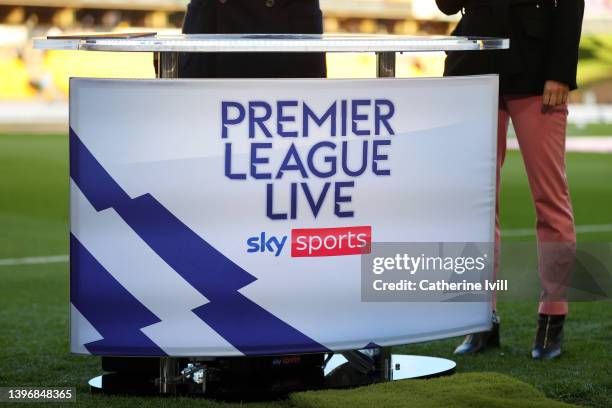 Detailed view of the Sky Sports TV Premier League Live logo ahead of the Premier League match between Wolverhampton Wanderers and Manchester City at...