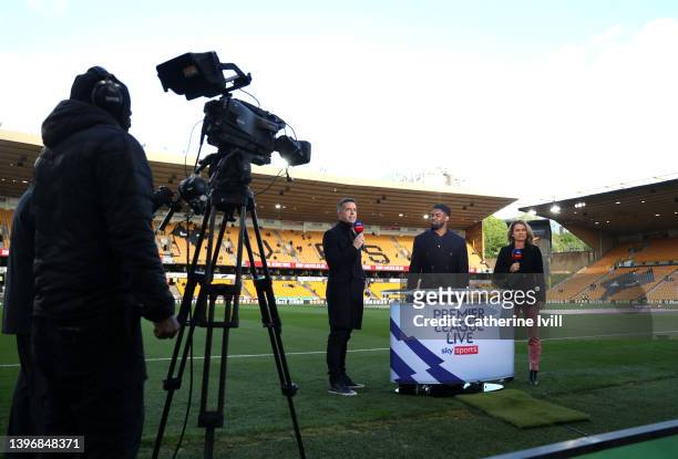 David Jones, Micah Richards and Karen Carney present for Sky Sports television ahead of the Premier League match between Wolverhampton Wanderers and...