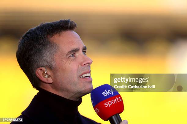 David Jones presents for Sky Sports television ahead of the Premier League match between Wolverhampton Wanderers and Manchester City at Molineux on...