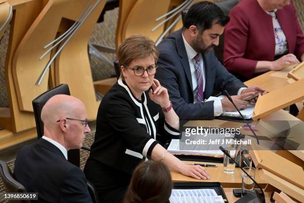 Scotland's First Minister Nicola Sturgeon attends First Minster's Questions at the Scottish Parliament with John Swinney Deputy First Minister of...