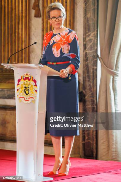 Queen Mathilde of Belgium awards the Queen Mathilde Fund prize ISEE/IDEA/IDO to Brake-Out at the Royal Palace on May 12, 2022 in Brussels, Belgium....
