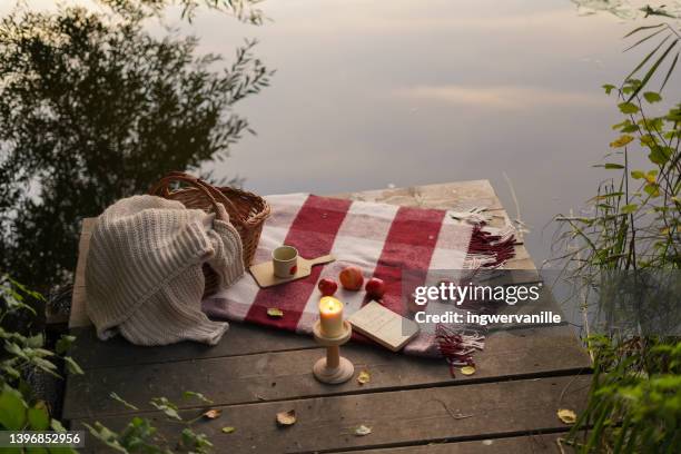 autumn picnic near the lake - österreich durchblick stock-fotos und bilder
