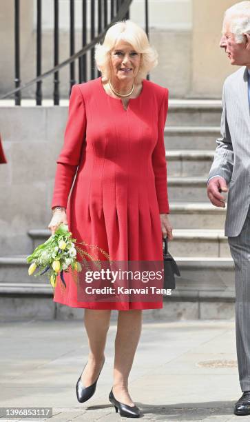 Camilla, Duchess of Cornwall departs after visiting Canada House with Prince Charles, Prince of Wales on May 12, 2022 in London, England.