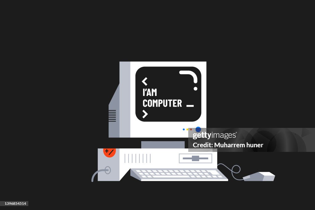 Ancienne illustration vectorielle d’ordinateur de bureau. Message à l’écran.