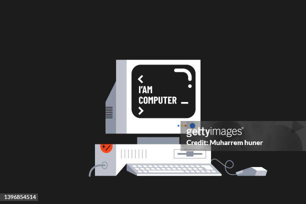 old desktop computer vector illustration. message on the screen. - computer stock illustrations