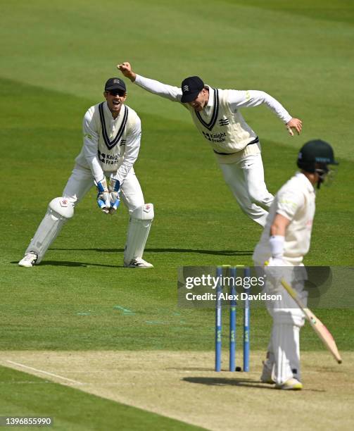 John Simpson of Middlesex celebrates taking the catch of Ben Duckett of Nottinghamshire during Day One of the LV= Insurance County Championship match...