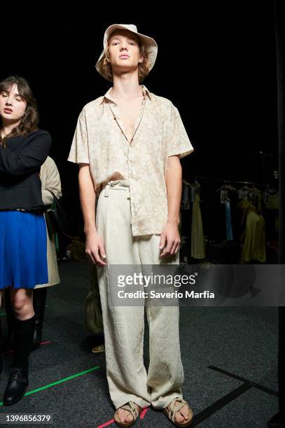 Model prepares backstage ahead of the Hansen & Gretel show during Afterpay Australian Fashion Week 2022 Resort '23 Collections at Carriageworks on...