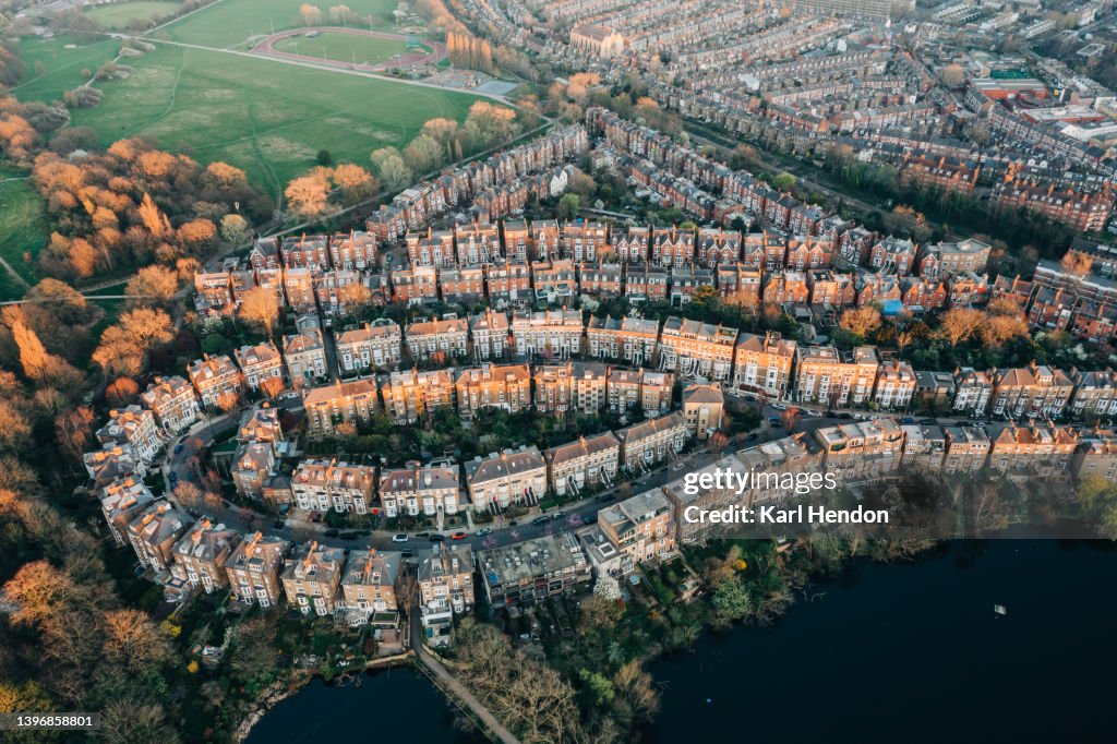 An aerial view of London houses at sunset, Hampstead