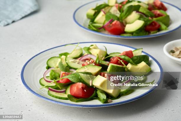 dash diet vegan vegetable salad of chopped cucumber, sliced avocado, fresh cherry tomatoes and red onion on two plates served. mediterranean vegetarian meal. full of vitamin and minerals. fat acids. side view, horizontal, closeup - plate side view stock pictures, royalty-free photos & images